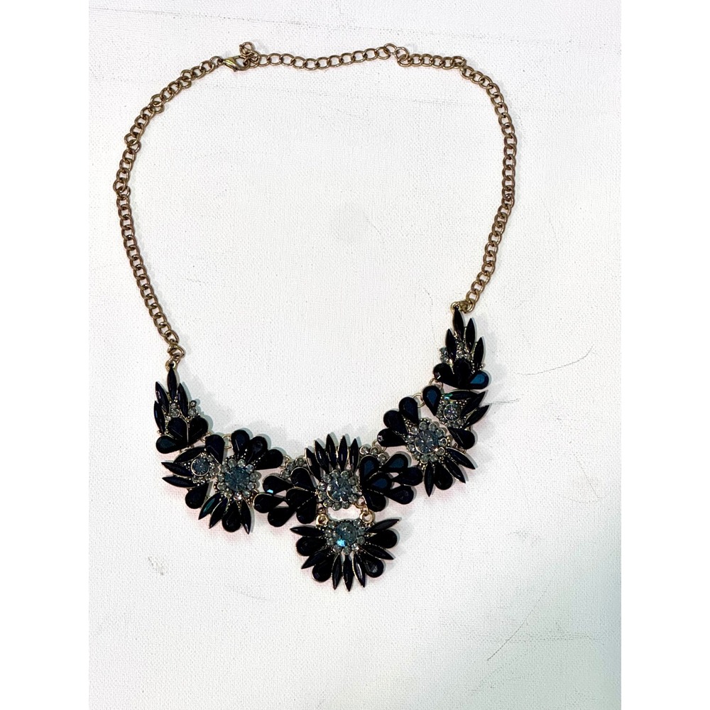 Black Floral Statement Bib Necklace Gold Tone Rhinestone Gothic Glam Runway 18" - Picture 6 of 11